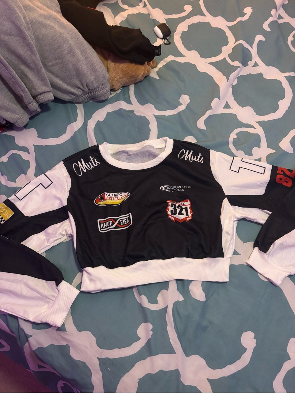 Black & White Racing Patch Cropped Sweatshirt - Kids